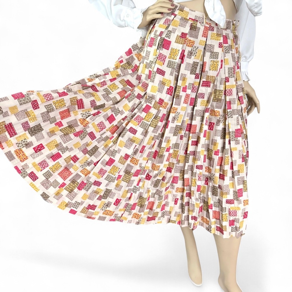 1950s Deadstock‎ Pleated Cotton Novelty Midi Skirt XXS | Fall Academia Chic